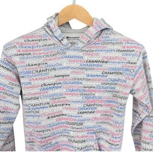 Champion Hoodie Girls All Over Logo Print Gray Pink Blue Size L Youth Athletic